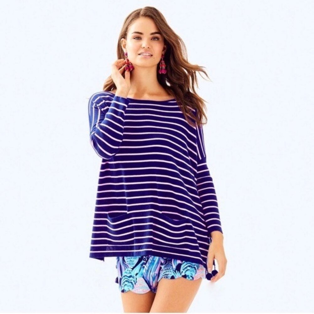 Lilly Pulitzer Elba Tunic Sweater Small S Blue Pink Striped 3/4 Dolman Sleeve